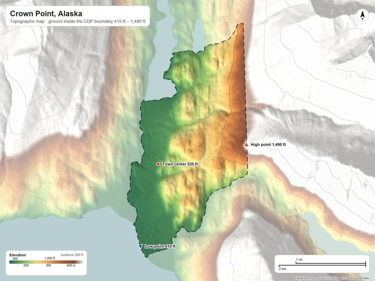 Topographic elevation map of Crown Point, Alaska, shaded from 410 ft on the south side to 1,490 ft on the east edge, below higher ground just outside