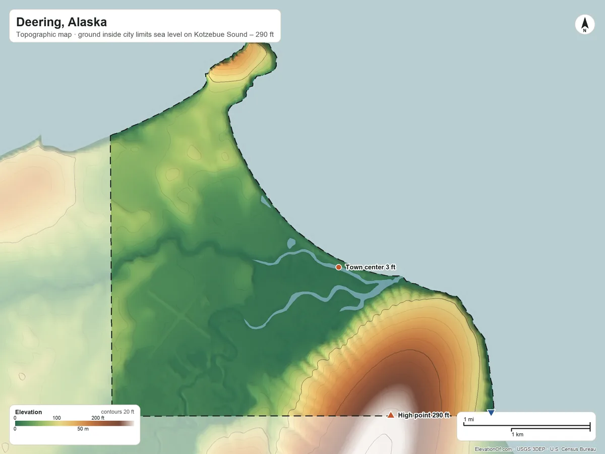 Topographic elevation map of Deering, Alaska, shaded from sea level level on Kotzebue Sound to 290 ft on the south side