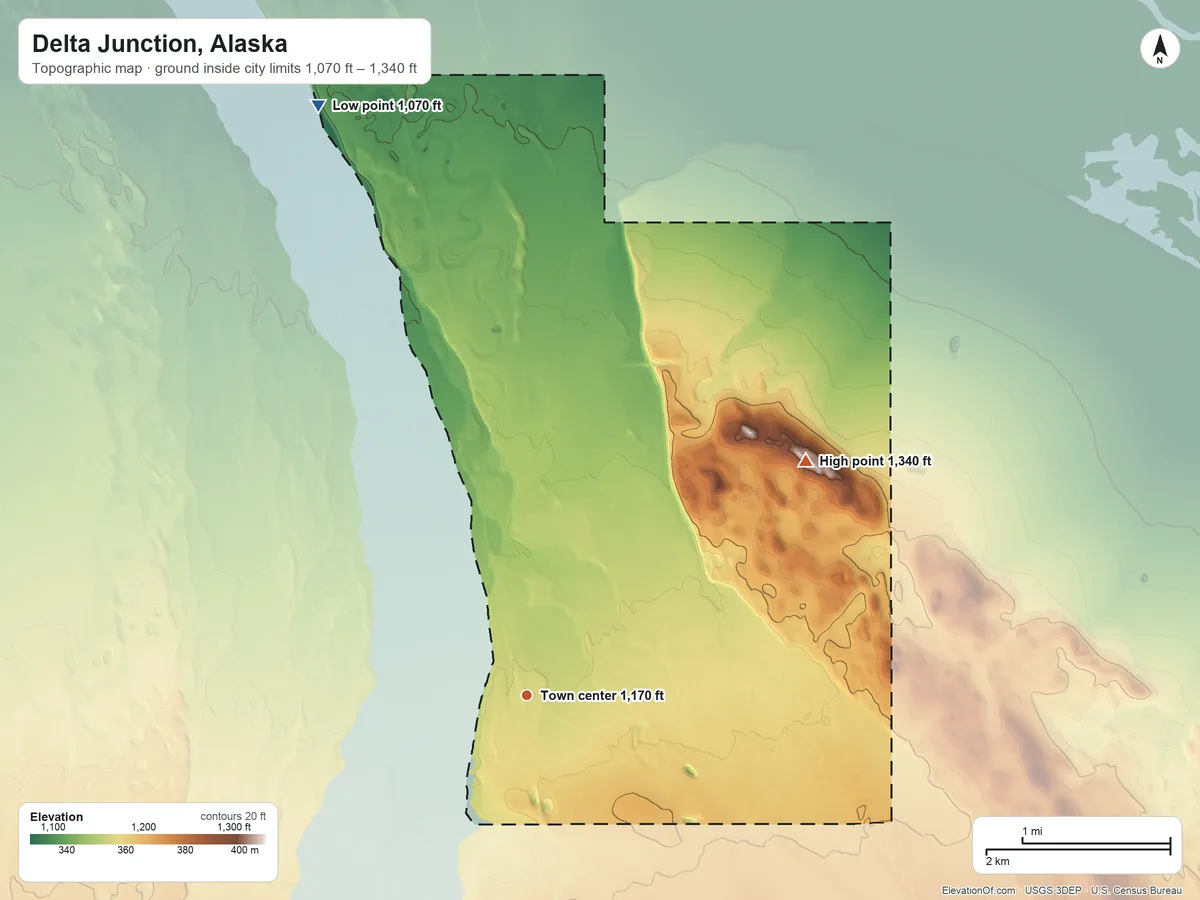 Topographic elevation map of Delta Junction, Alaska, shaded from 1,070 ft on the north side to 1,340 ft on the northeast side