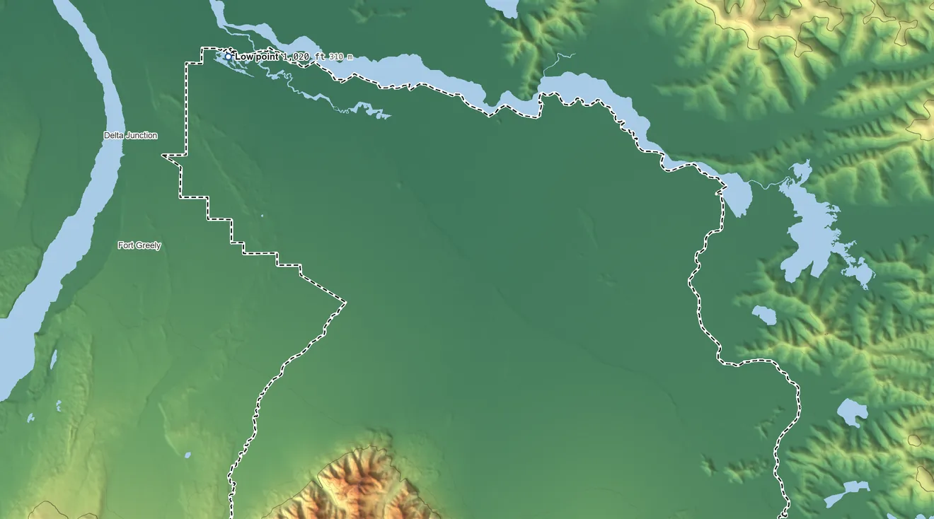 Topographic elevation map of Deltana, Alaska, shaded from 1,020 ft on the northwest side to 6,260 ft at the foot of the Granite Mountains