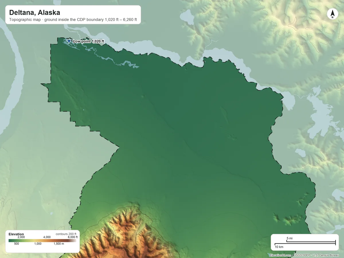 Topographic elevation map of Deltana, Alaska, shaded from 1,020 ft on the northwest side to 6,260 ft at the foot of the Granite Mountains