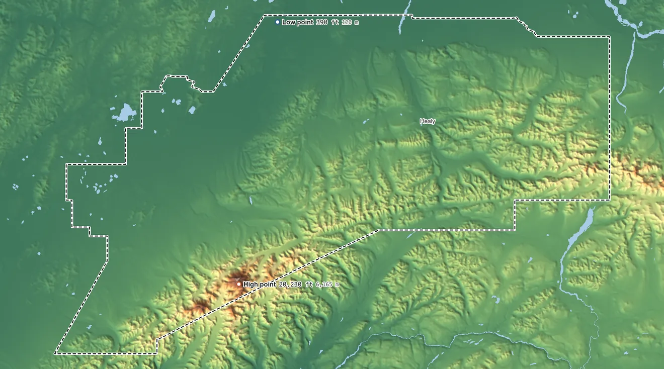 Topographic elevation map of Denali Borough, Alaska, shaded from 390 ft on the north side to 20,230 ft on Mount McKinley