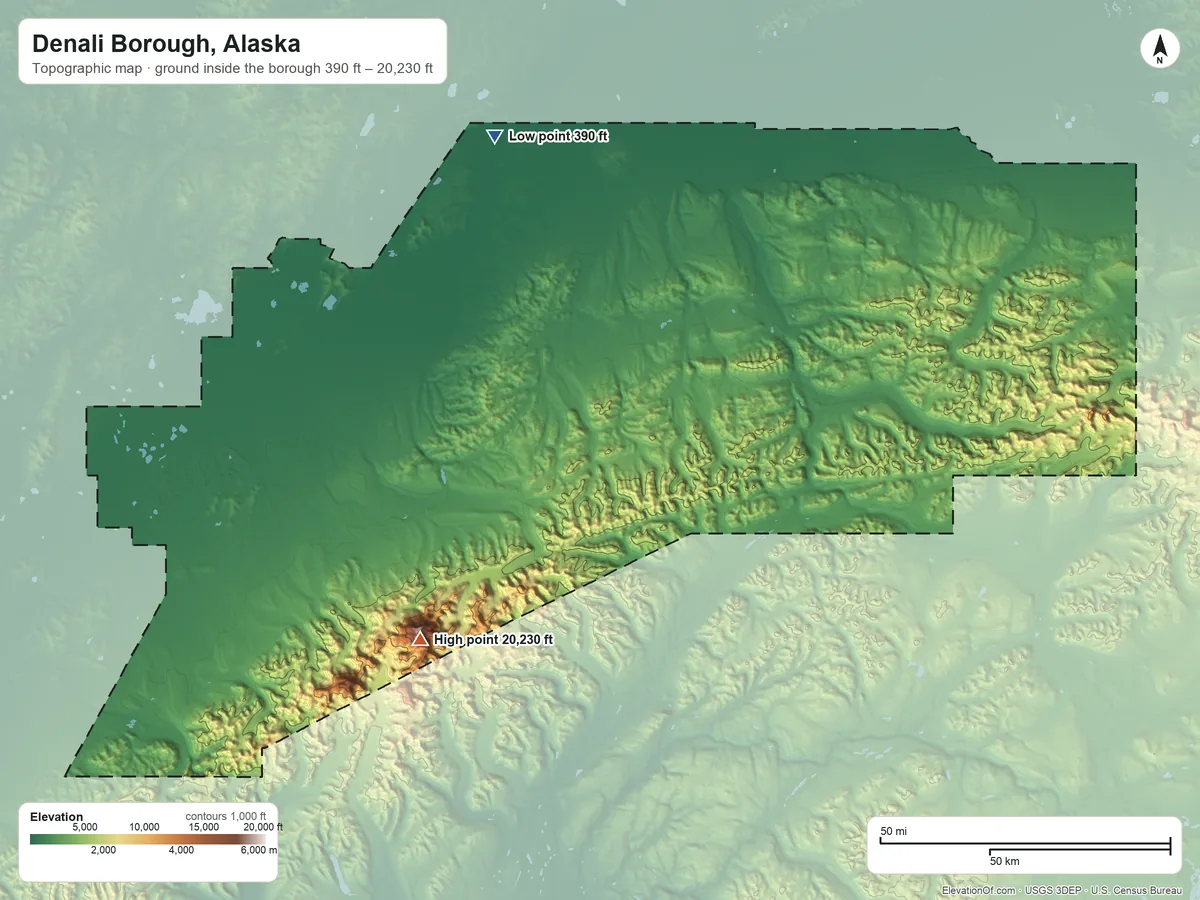 Topographic elevation map of Denali Borough, Alaska, shaded from 390 ft on the north side to 20,230 ft on Mount McKinley