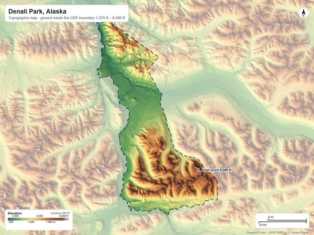 Topographic elevation map of Denali Park, Alaska, shaded from 1,370 ft on the northwest side to 6,480 ft on the southeast side