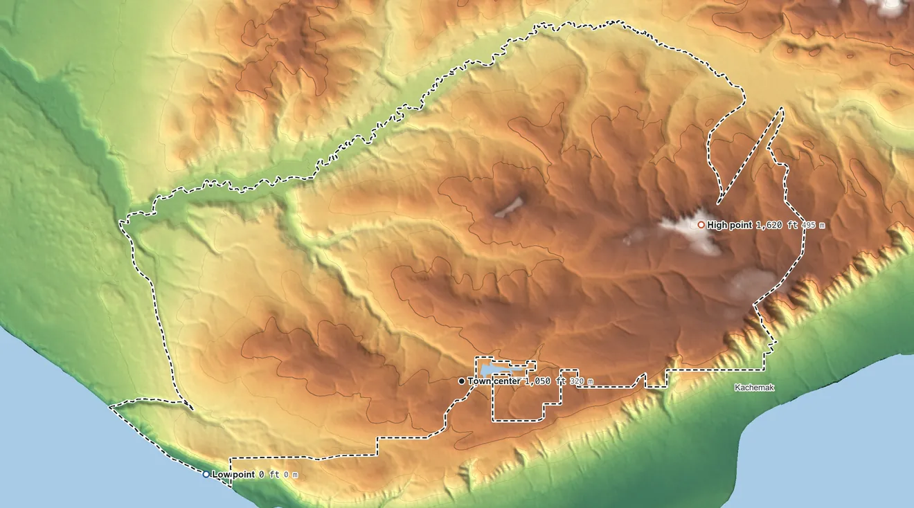 Topographic elevation map of Diamond Ridge, Alaska, shaded from sea level level on Kachemak Bay to 1,623 ft on Lookout Mountain