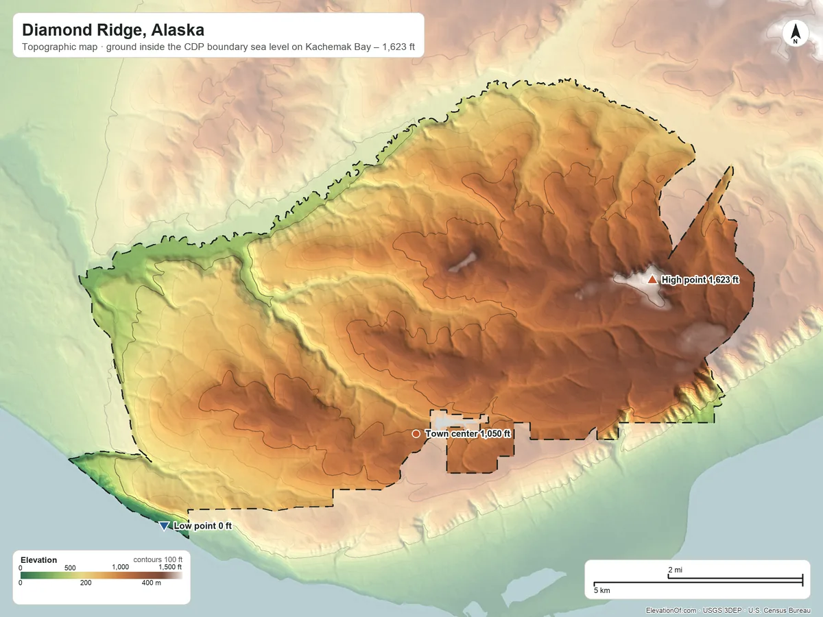 Topographic elevation map of Diamond Ridge, Alaska, shaded from sea level level on Kachemak Bay to 1,623 ft on Lookout Mountain