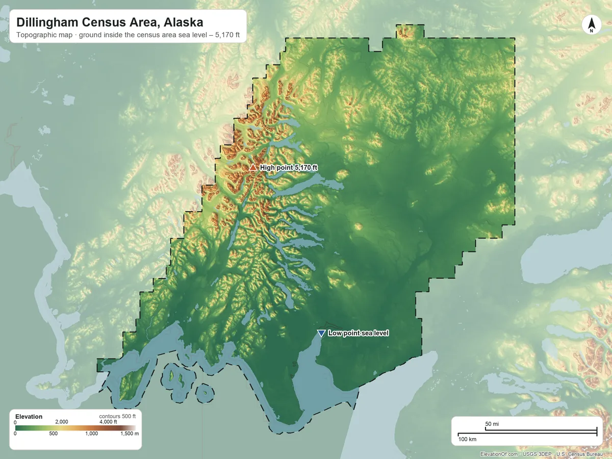 Topographic elevation map of Dillingham Census Area, Alaska, shaded from sea level on Nushagak Bay to 5,170 ft on the northwest side