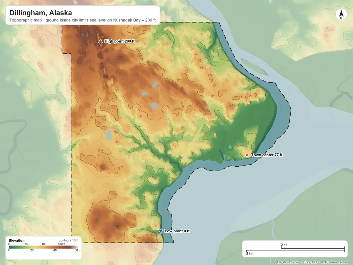 Topographic elevation map of Dillingham, Alaska, shaded from sea level level on Nushagak Bay to 200 ft on the northwest side