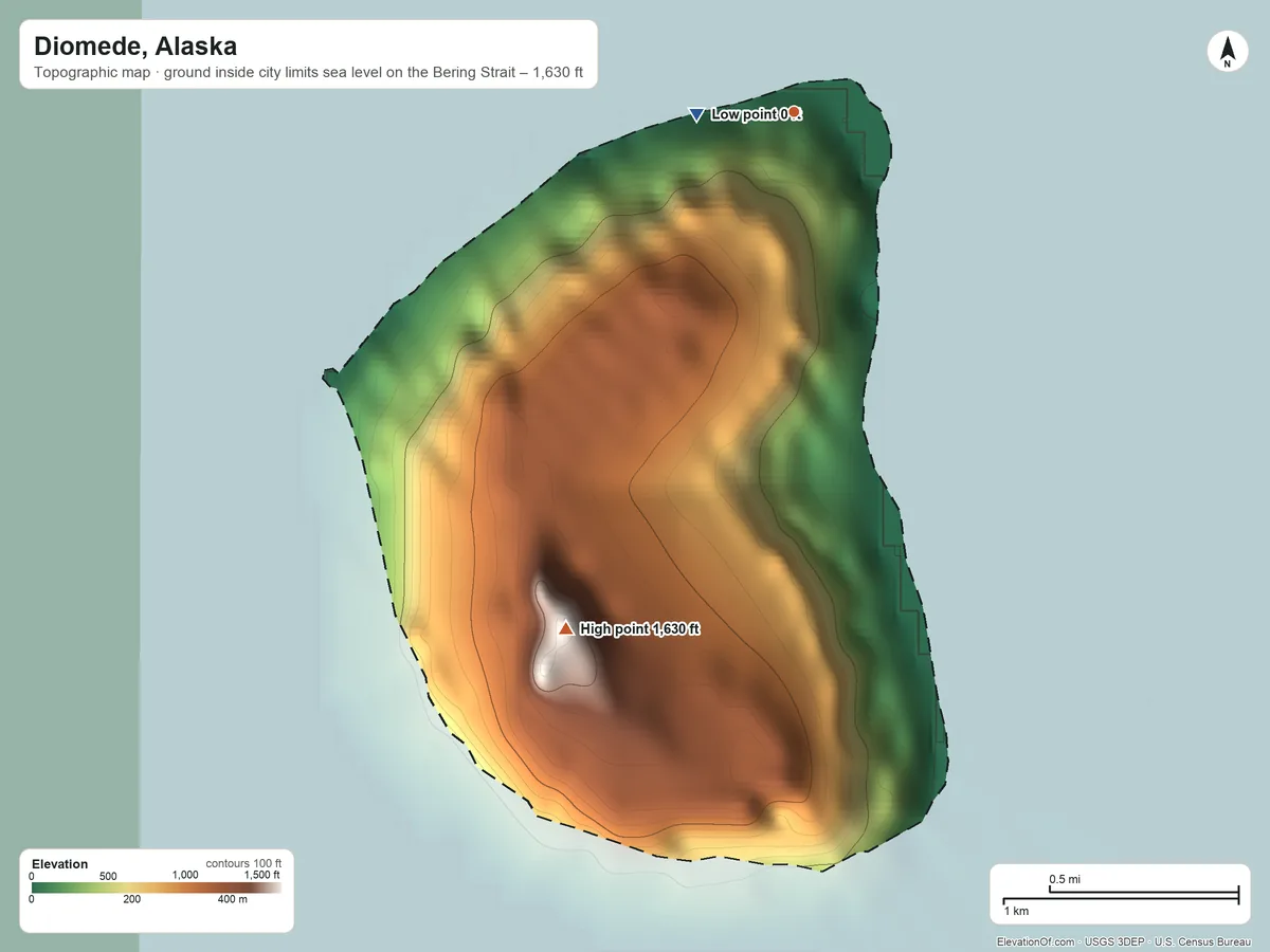 Topographic elevation map of Diomede, Alaska, shaded from sea level level on the Bering Strait to 1,630 ft on the southwest side