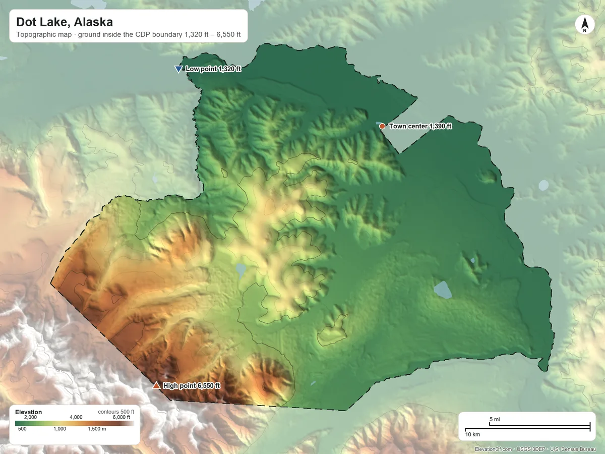 Topographic elevation map of Dot Lake, Alaska, shaded from 1,320 ft on the west side to 6,550 ft on the southwest edge, below higher ground just outside