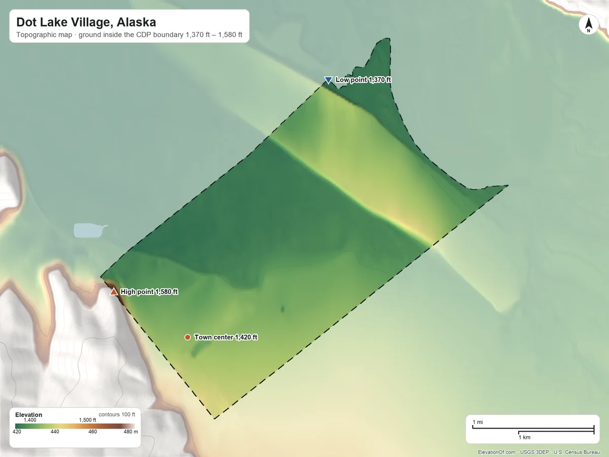 Topographic elevation map of Dot Lake Village, Alaska, shaded from 1,370 ft on the northeast side to 1,580 ft on the northwest edge, below higher ground just outside