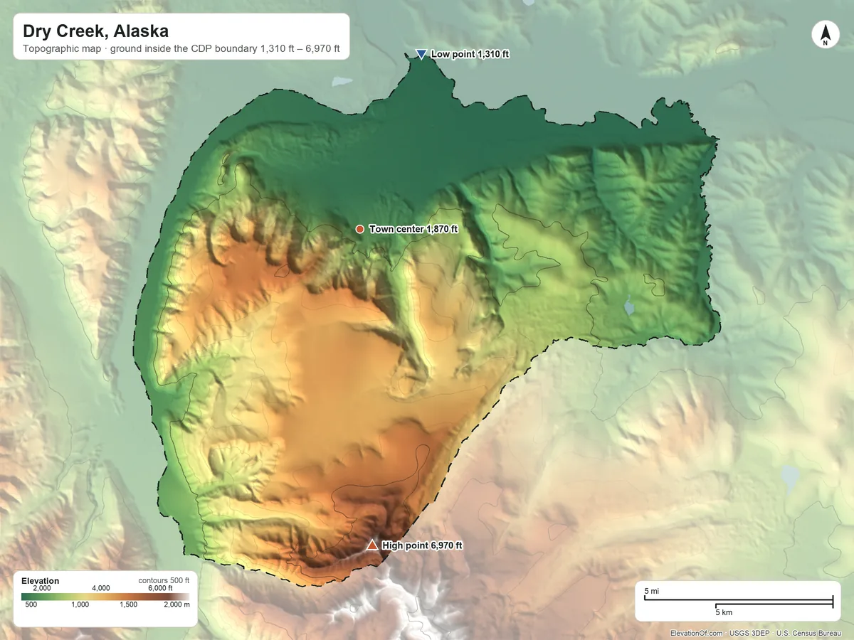 Topographic elevation map of Dry Creek, Alaska, shaded from 1,310 ft on the north side to 6,970 ft on the south edge, below higher ground just outside