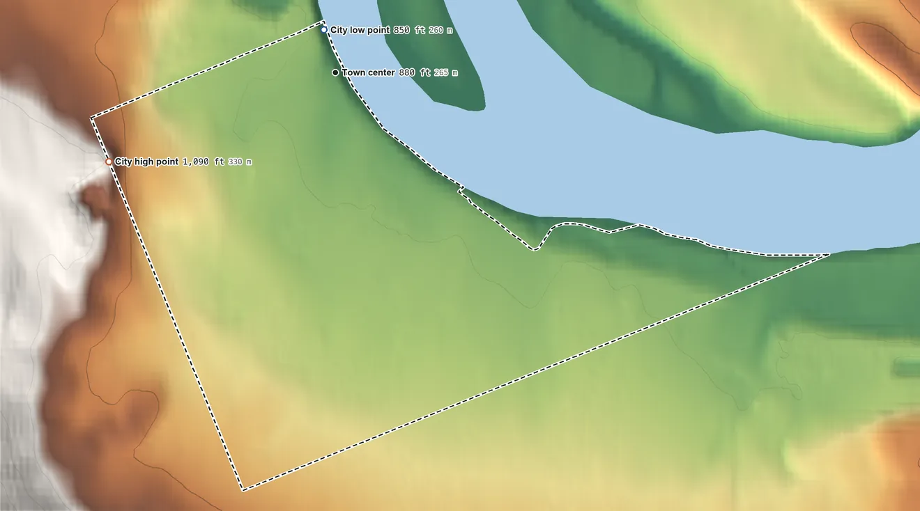 Topographic elevation map of Eagle, Alaska, shaded from 850 ft near the middle to 1,090 ft on the west edge, below higher ground just outside