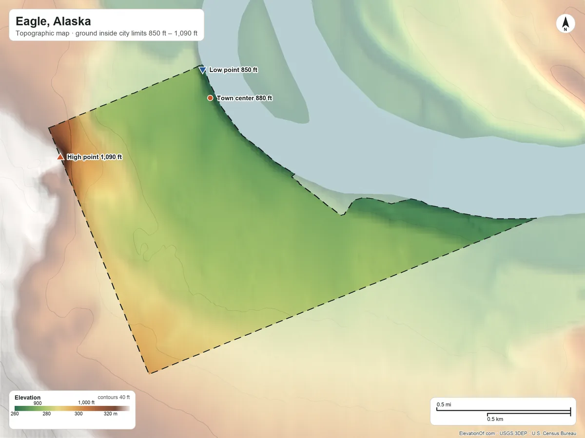 Topographic elevation map of Eagle, Alaska, shaded from 850 ft near the middle to 1,090 ft on the west edge, below higher ground just outside
