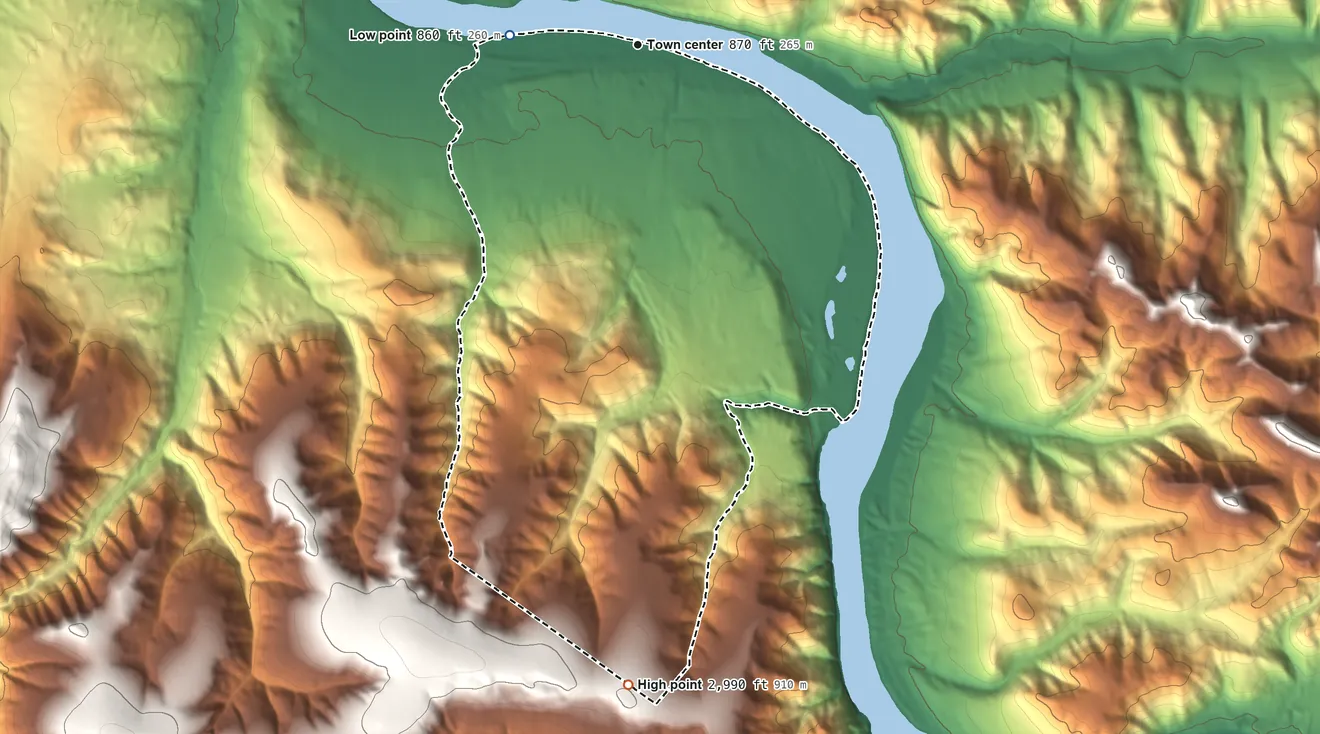 Topographic elevation map of Eagle Village, Alaska, shaded from 860 ft on the west side to 2,990 ft on the south side