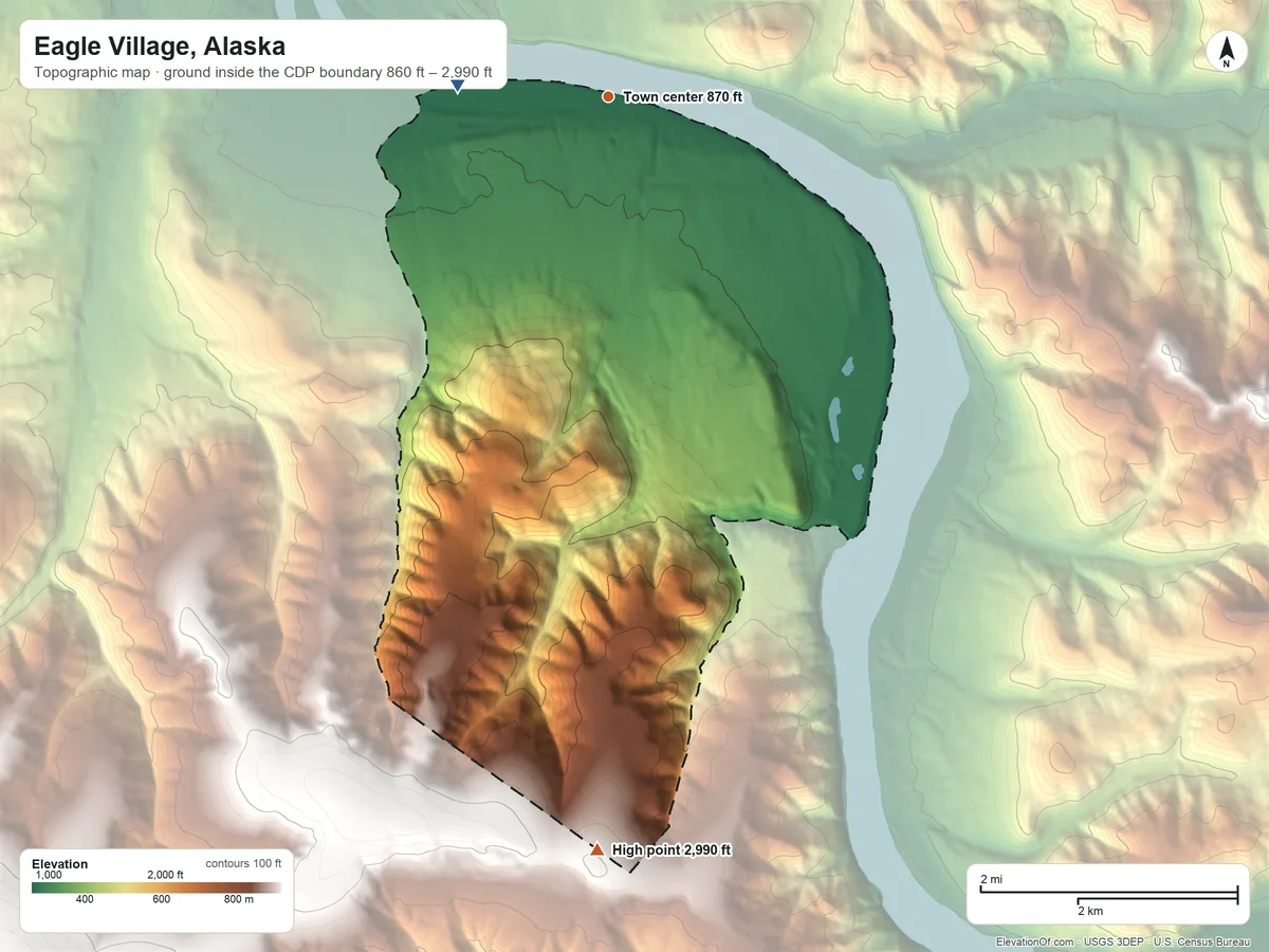 Topographic elevation map of Eagle Village, Alaska, shaded from 860 ft on the west side to 2,990 ft on the south side