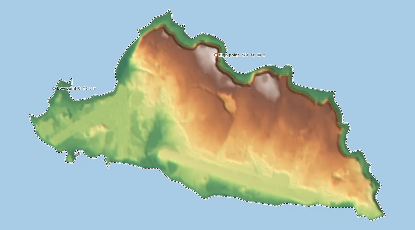 Topographic elevation map of Eareckson Station, Alaska, shaded from sea level level on the Pacific Ocean to 270 ft on the north side