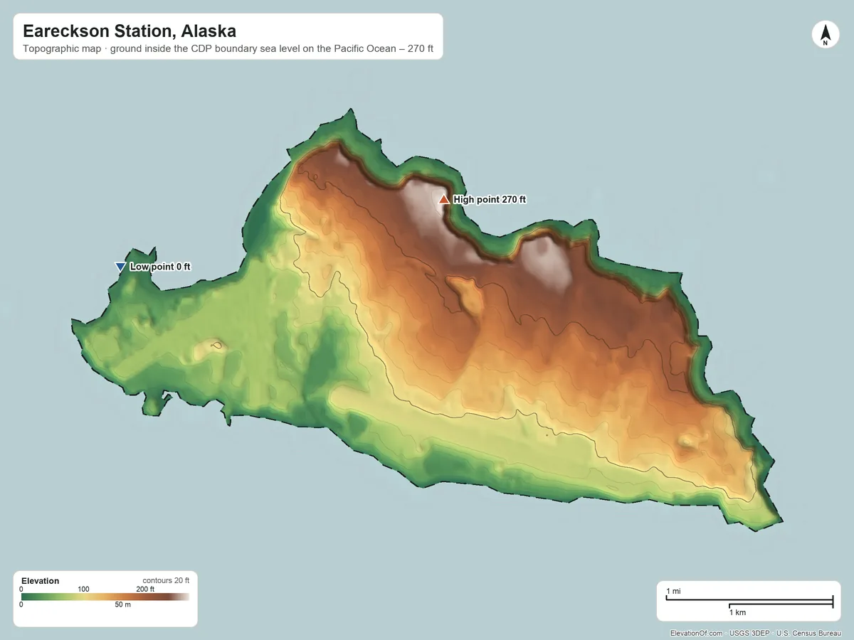 Topographic elevation map of Eareckson Station, Alaska, shaded from sea level level on the Pacific Ocean to 270 ft on the north side