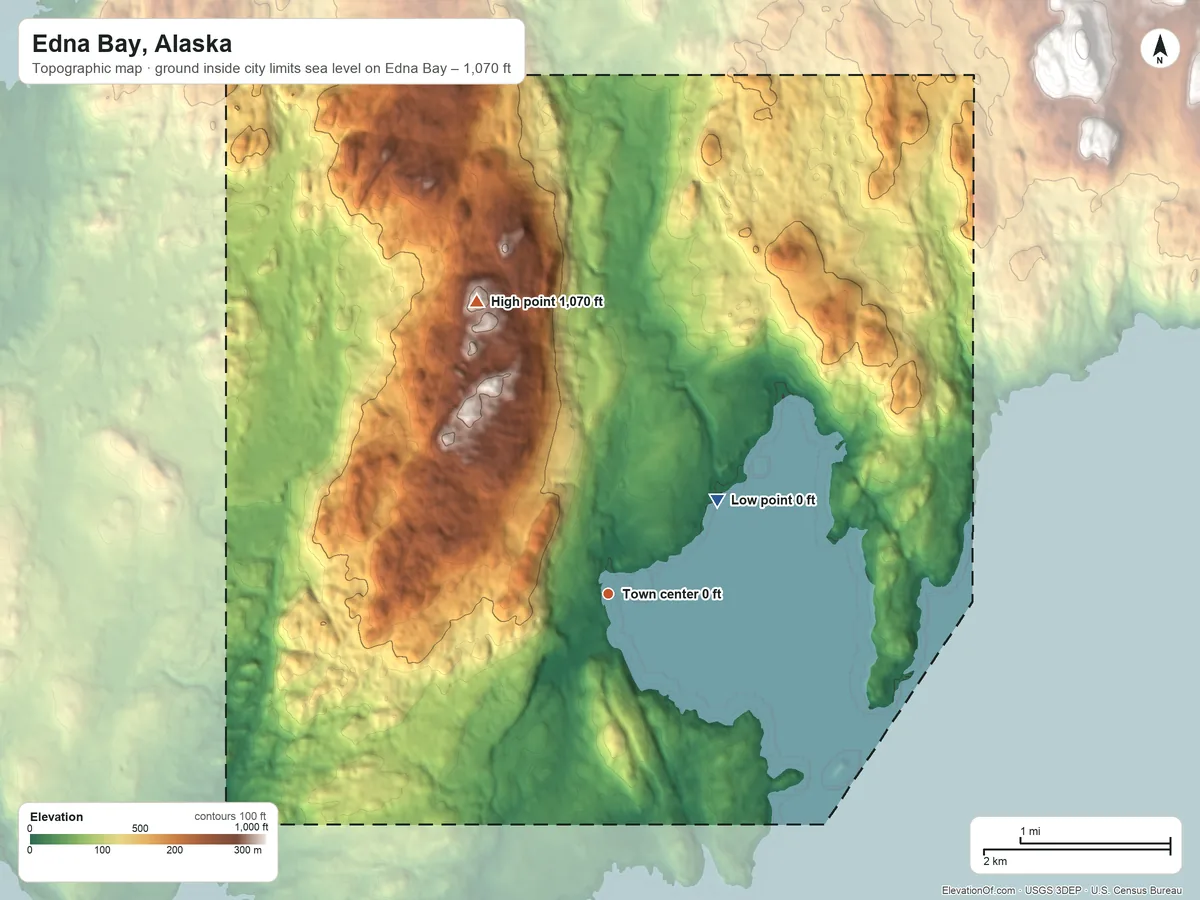 Topographic elevation map of Edna Bay, Alaska, shaded from sea level level on Edna Bay to 1,070 ft on the northwest side
