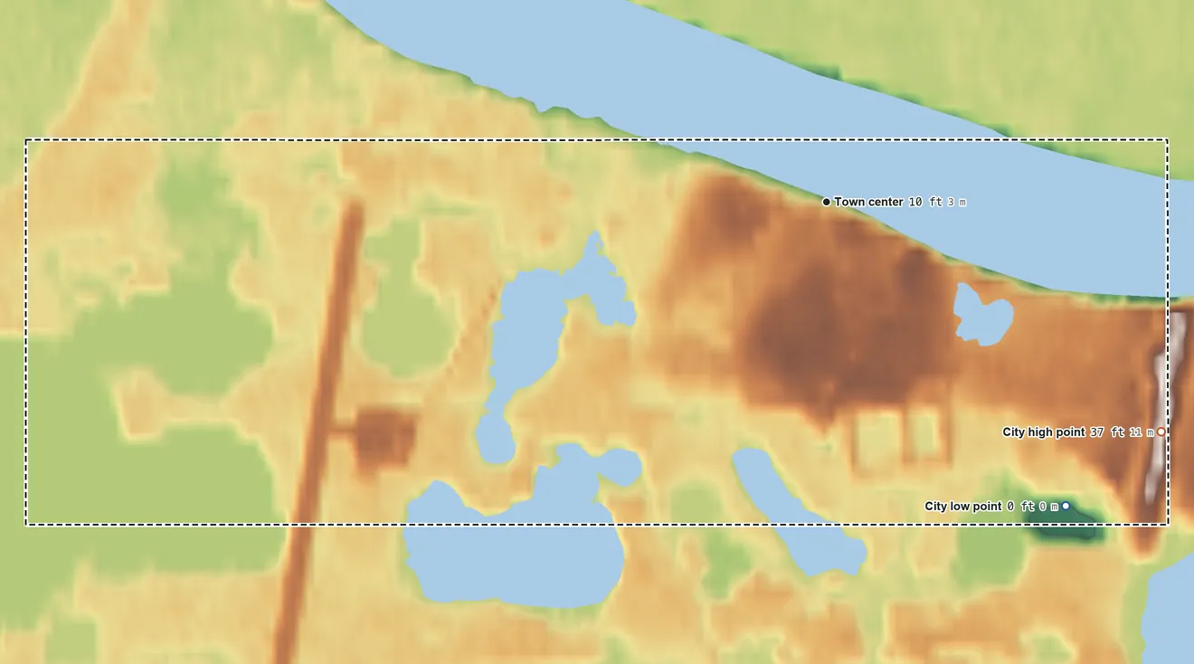 Topographic elevation map of Eek, Alaska, shaded from 0 ft on the southeast side to 37 ft on the southeast side