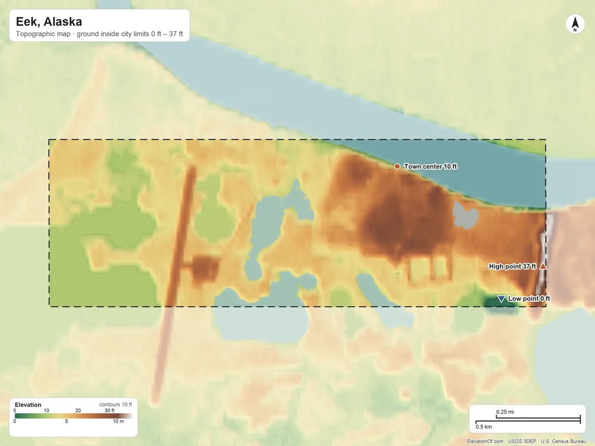 Topographic elevation map of Eek, Alaska, shaded from 0 ft on the southeast side to 37 ft on the southeast side