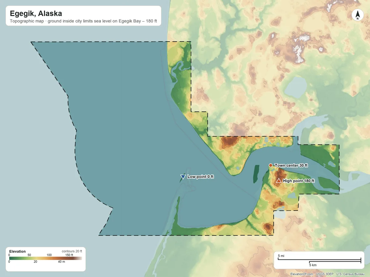 Topographic elevation map of Egegik, Alaska, shaded from sea level level on Egegik Bay to 180 ft near the middle