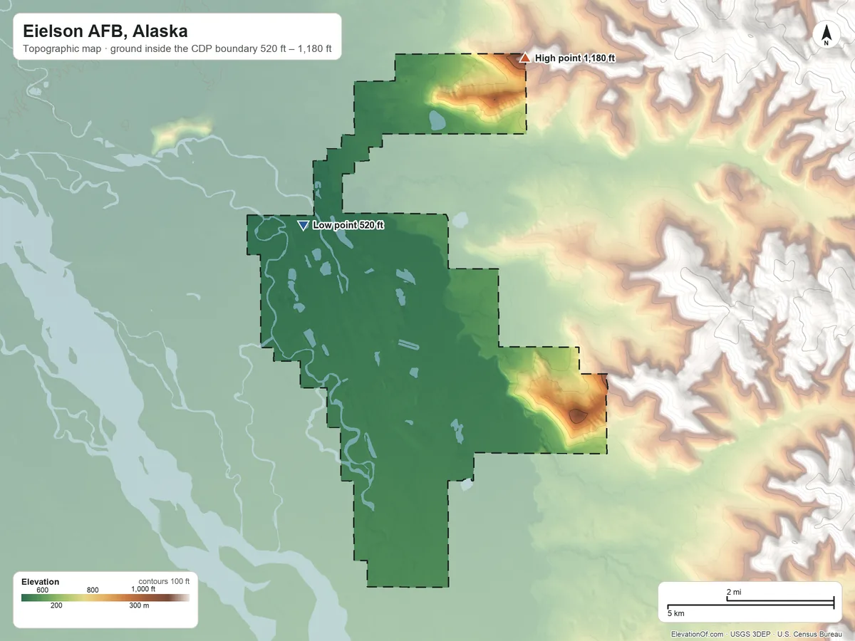 Topographic elevation map of Eielson AFB, Alaska, shaded from 520 ft on the northwest side to 1,180 ft on the northeast side