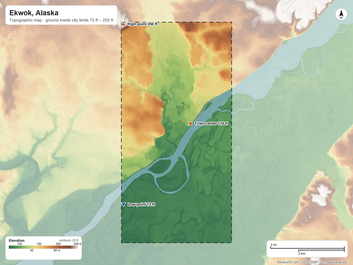 Topographic elevation map of Ekwok, Alaska, shaded from 72 ft on the southwest side to 250 ft on the northwest side