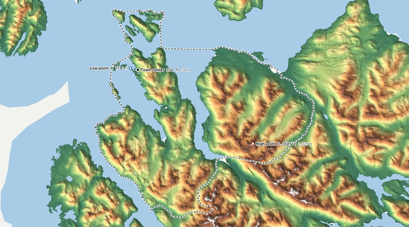 Topographic elevation map of Elfin Cove, Alaska, shaded from sea level level on the Port Althorp to 3,360 ft on the southeast side