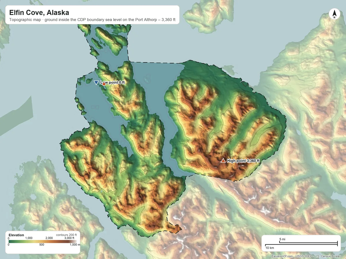 Topographic elevation map of Elfin Cove, Alaska, shaded from sea level level on the Port Althorp to 3,360 ft on the southeast side
