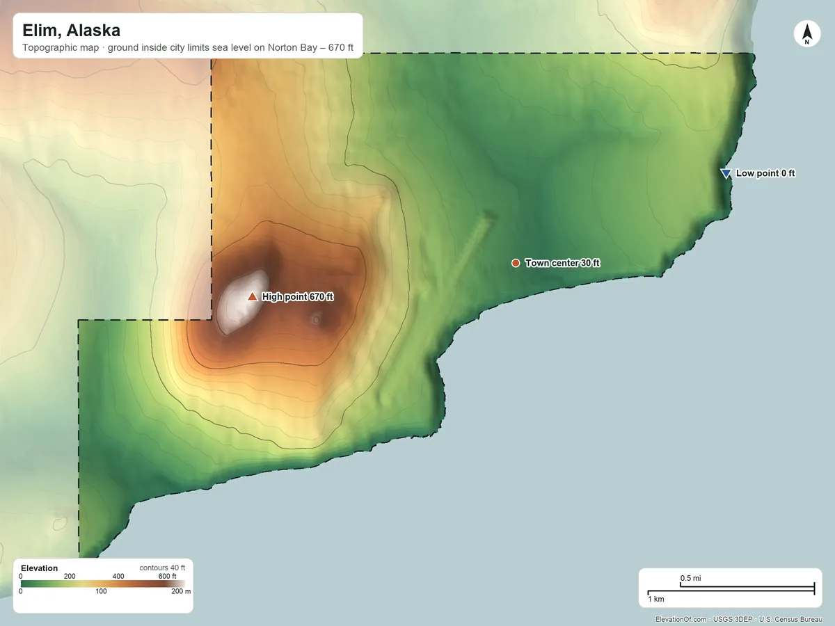 Topographic elevation map of Elim, Alaska, shaded from sea level level on Norton Bay to 670 ft on the west edge, below higher ground just outside
