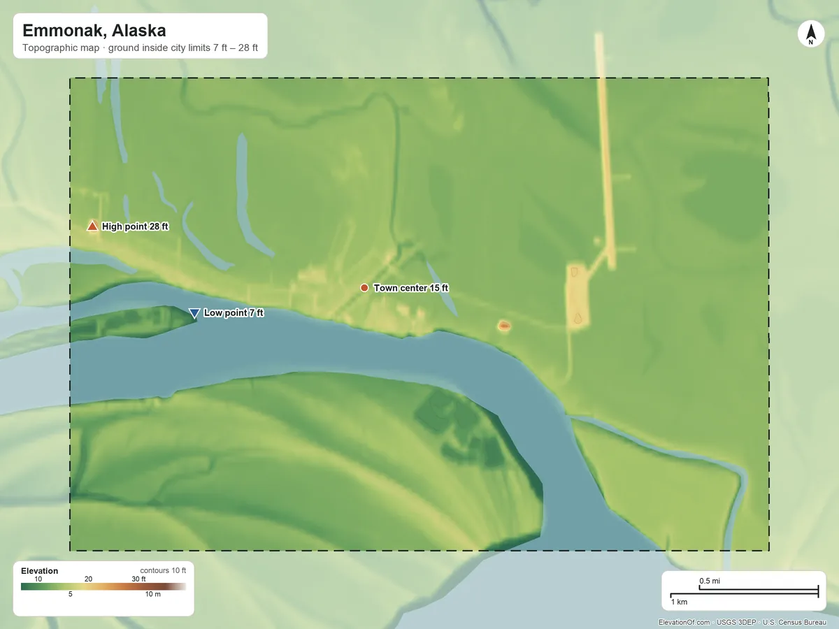 Topographic elevation map of Emmonak, Alaska, shaded from 7 ft on the west side to 28 ft on the west side