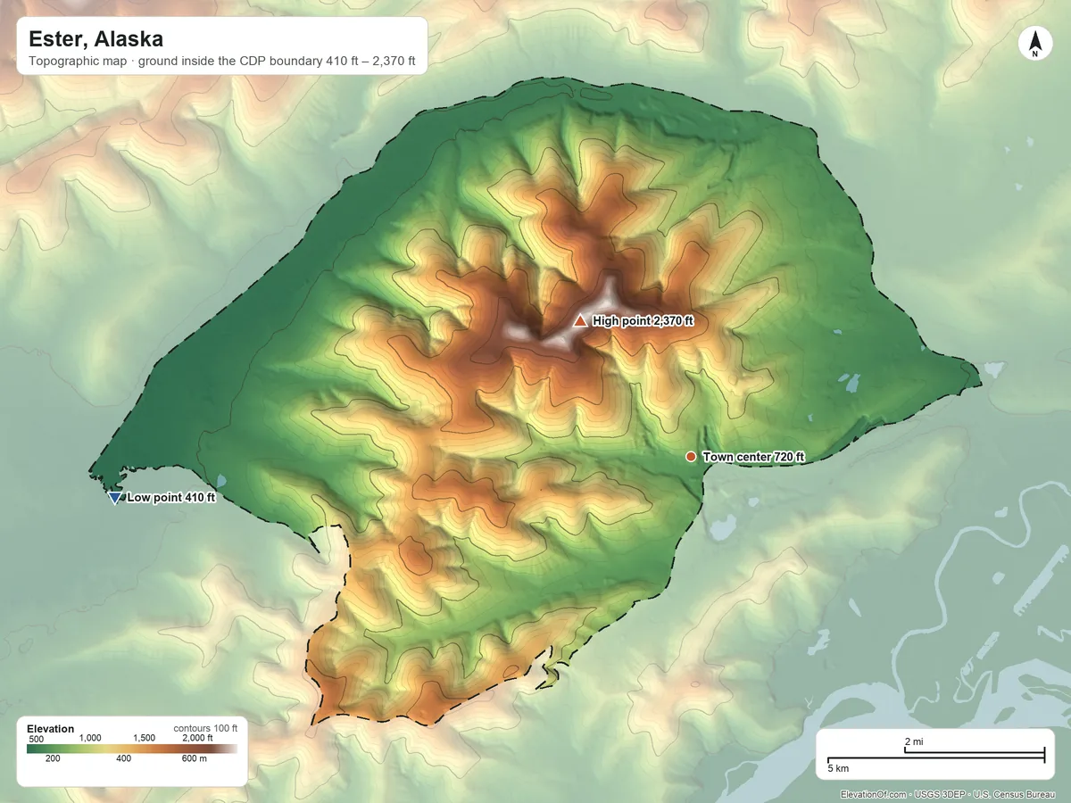 Topographic elevation map of Ester, Alaska, shaded from 410 ft on the west side to 2,370 ft on Ester Dome