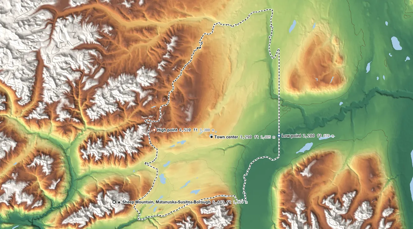 Topographic elevation map of Eureka Roadhouse, Alaska, shaded from 2,200 ft on the east side to 4,520 ft at the foot of the Horn Mountains