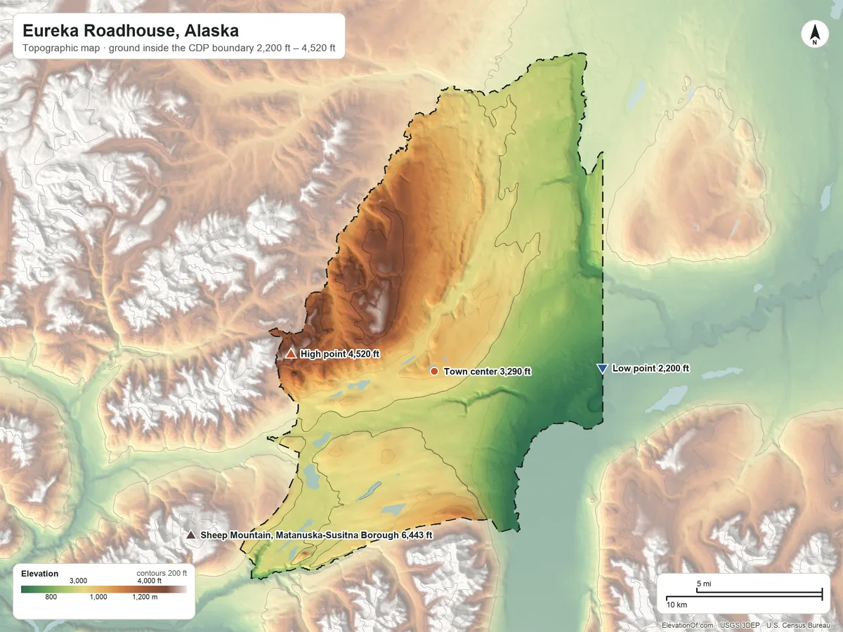 Topographic elevation map of Eureka Roadhouse, Alaska, shaded from 2,200 ft on the east side to 4,520 ft at the foot of the Horn Mountains