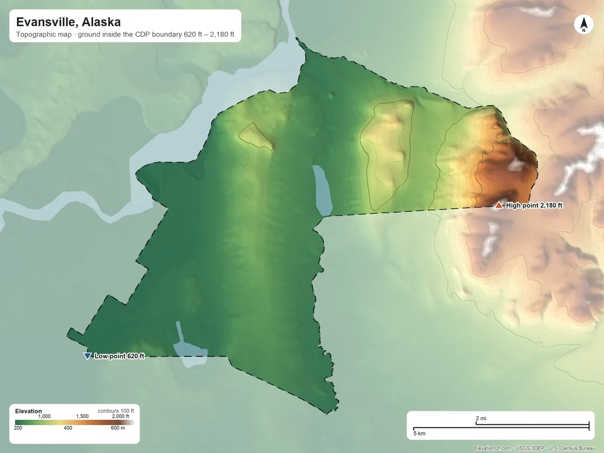 Topographic elevation map of Evansville, Alaska, shaded from 620 ft on the south side to 2,180 ft on the east side