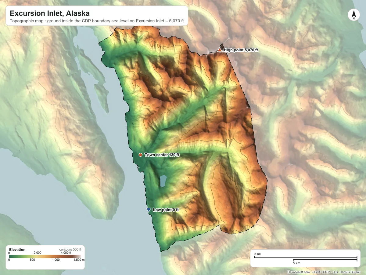 Topographic elevation map of Excursion Inlet, Alaska, shaded from sea level level on Excursion Inlet to 5,070 ft on the northeast side