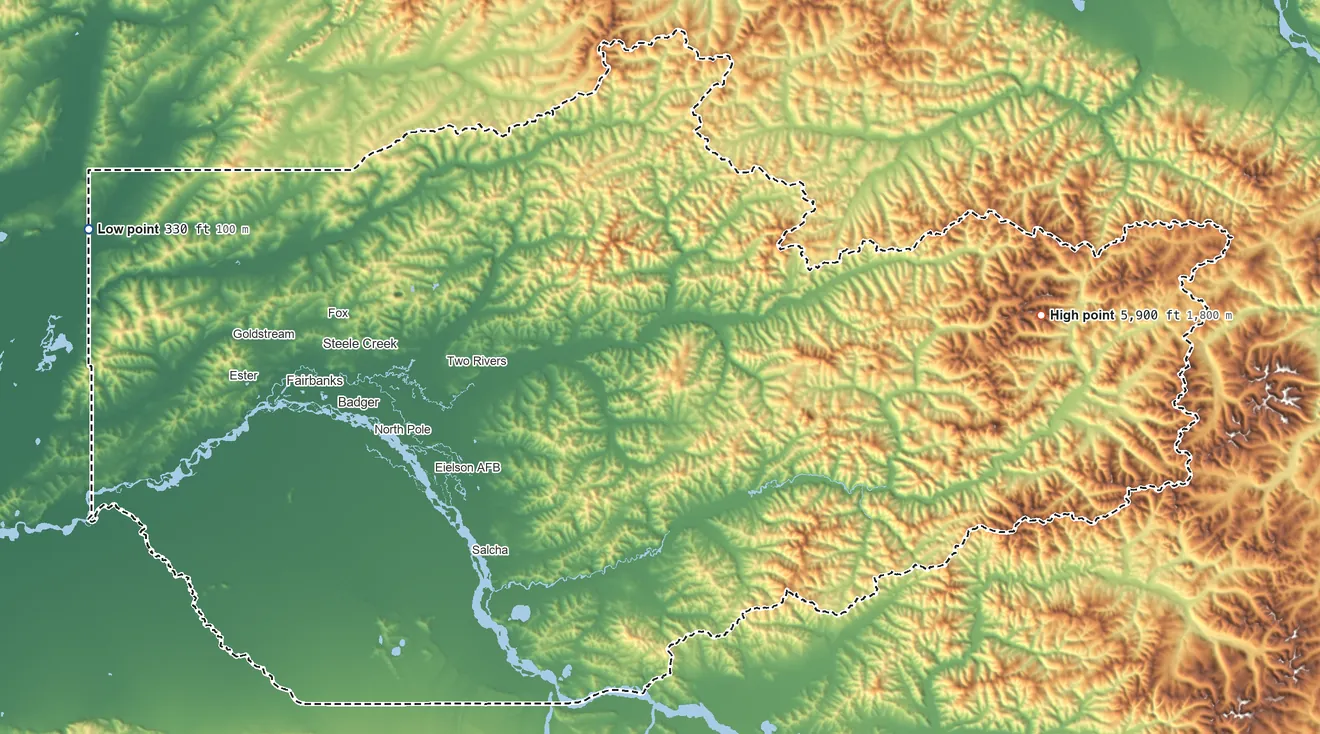 Topographic elevation map of Fairbanks North Star Borough, Alaska, shaded from 330 ft on the west side to 5,900 ft on West Point