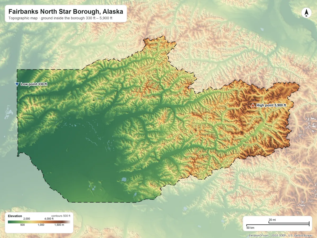 Topographic elevation map of Fairbanks North Star Borough, Alaska, shaded from 330 ft on the west side to 5,900 ft on West Point
