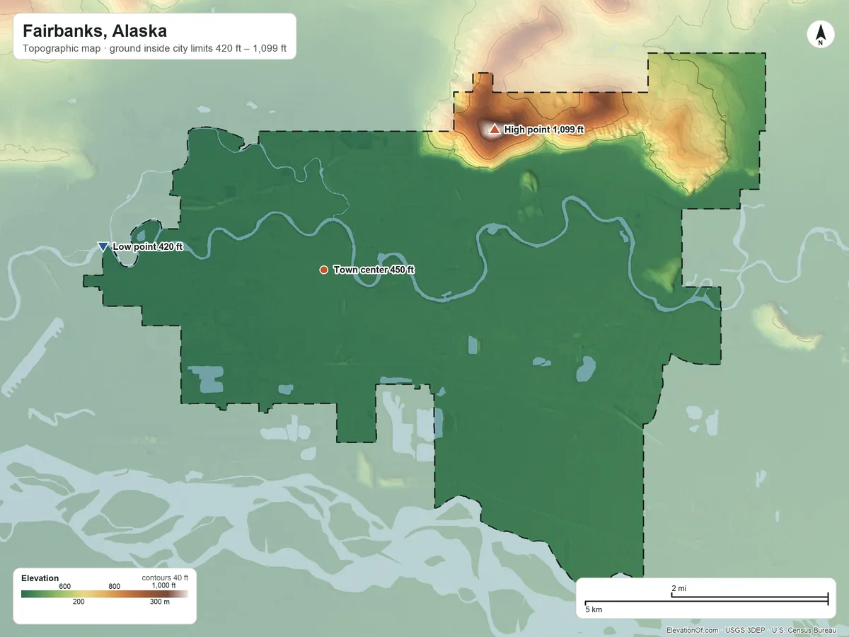 Topographic elevation map of Fairbanks, Alaska, shaded from 420 ft on the west side to 1,099 ft on Birch Hill