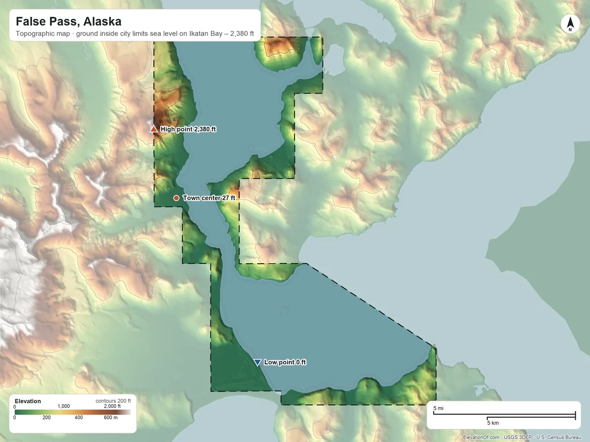 Topographic elevation map of False Pass, Alaska, shaded from sea level level on Ikatan Bay to 2,380 ft on the north side