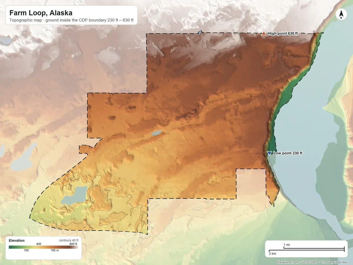 Topographic elevation map of Farm Loop, Alaska, shaded from 230 ft on the east side to 630 ft on the northeast side