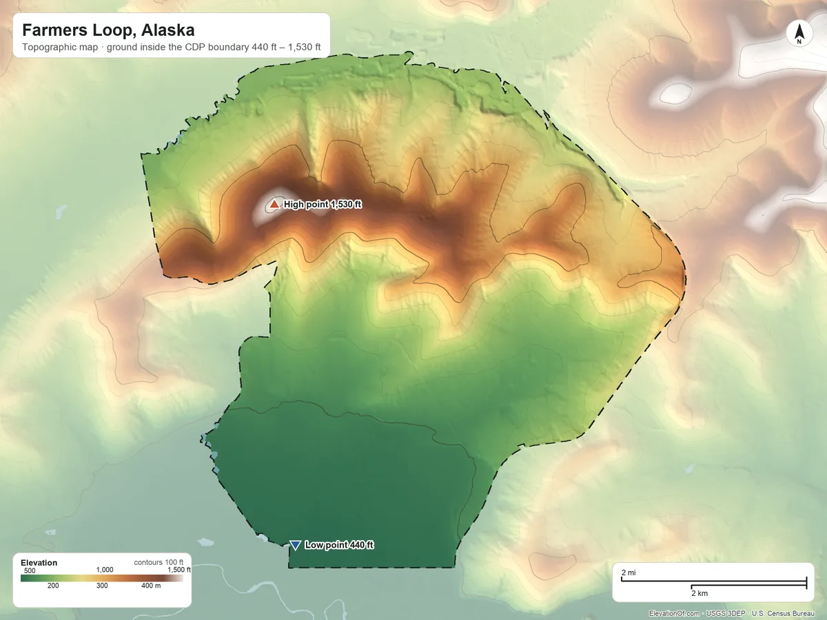 Topographic elevation map of Farmers Loop, Alaska, shaded from 440 ft on the southwest side to 1,530 ft on the northwest side