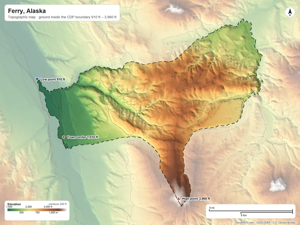 Topographic elevation map of Ferry, Alaska, shaded from 910 ft on the northwest side to 3,960 ft on Walker Dome