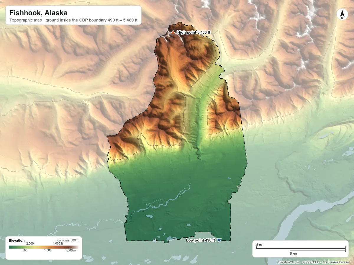 Topographic elevation map of Fishhook, Alaska, shaded from 490 ft on the southeast side to 5,480 ft on the north side