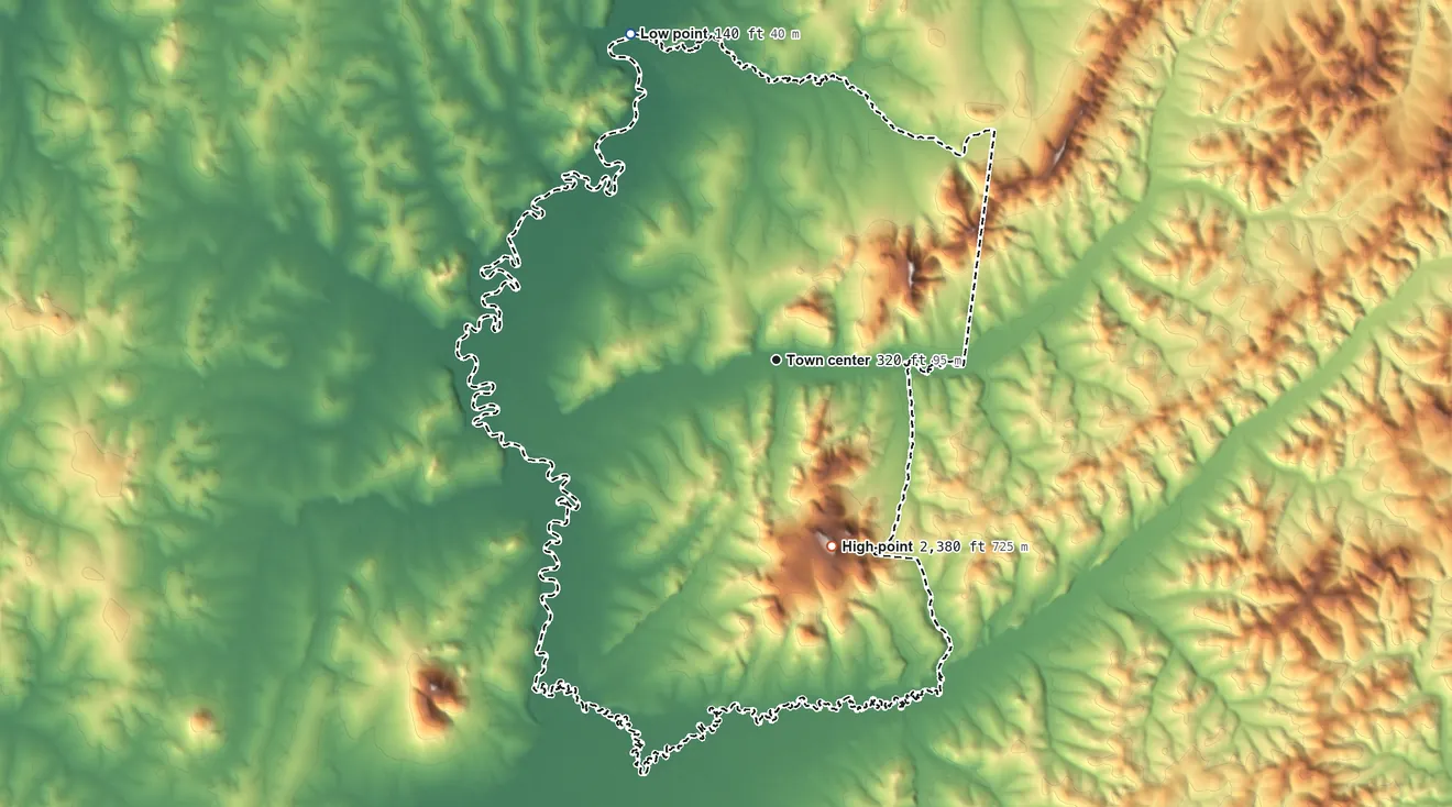 Topographic elevation map of Flat, Alaska, shaded from 140 ft on the northwest side to 2,385 ft on Chicken Mountain