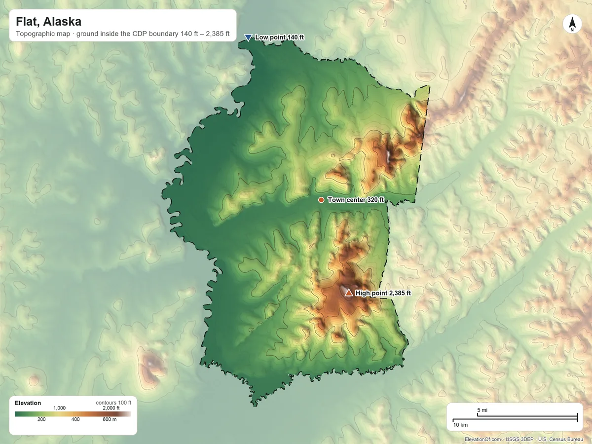 Topographic elevation map of Flat, Alaska, shaded from 140 ft on the northwest side to 2,385 ft on Chicken Mountain