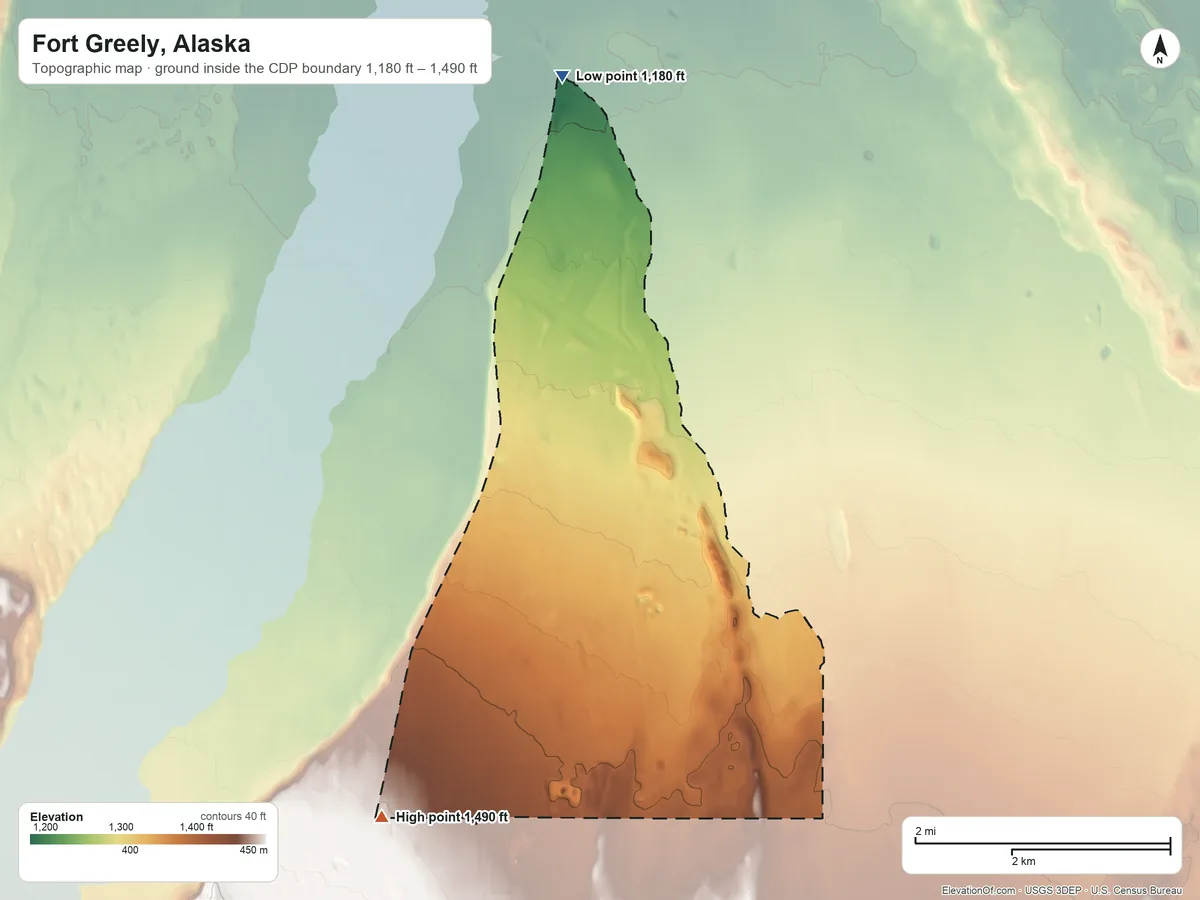 Topographic elevation map of Fort Greely, Alaska, shaded from 1,180 ft on the north side to 1,490 ft on the southwest side