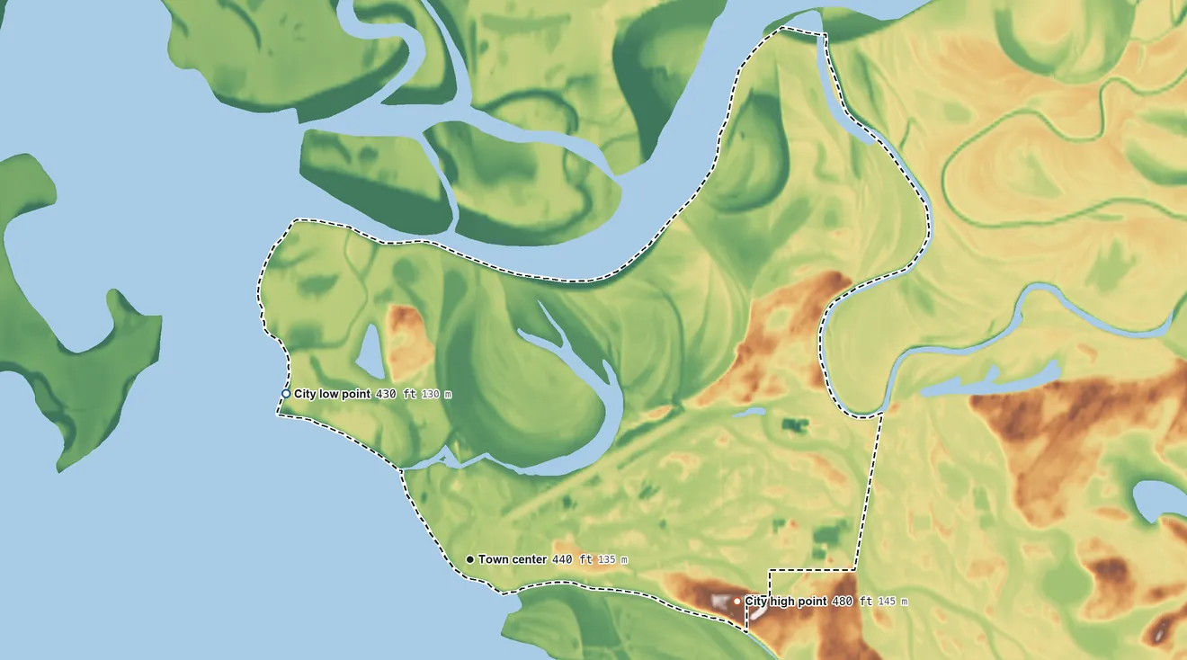 Topographic elevation map of Fort Yukon, Alaska, shaded from 430 ft on the northwest side to 480 ft on the east side