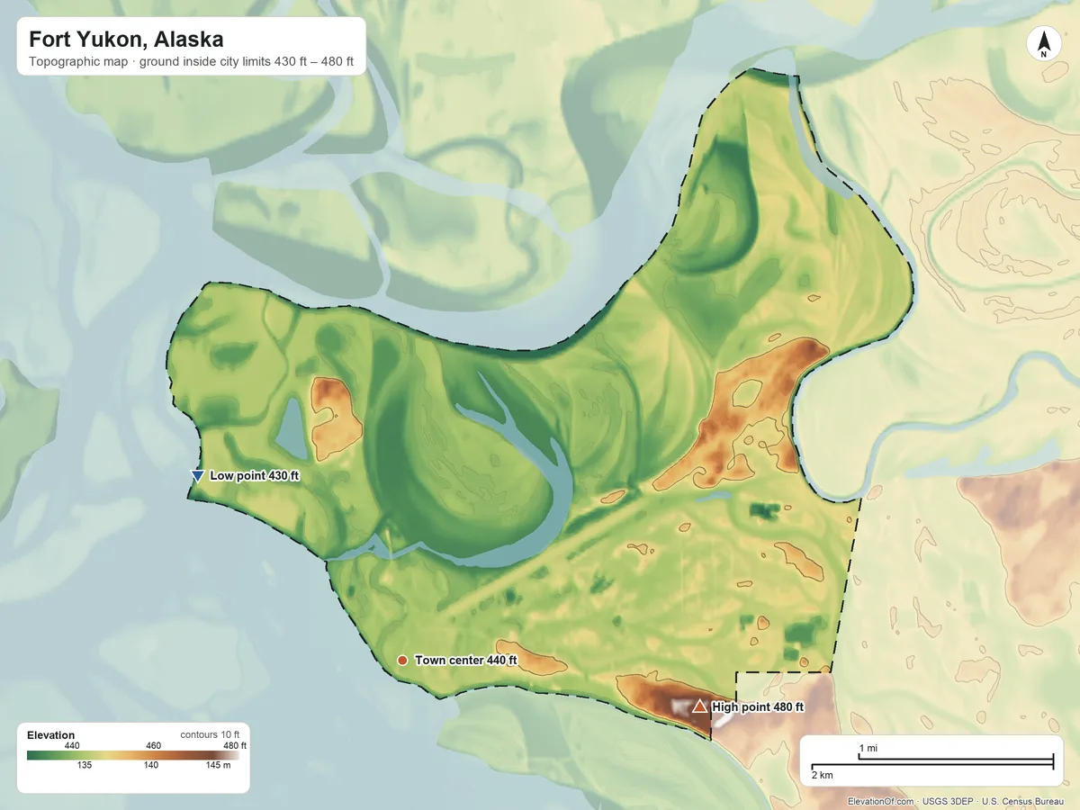 Topographic elevation map of Fort Yukon, Alaska, shaded from 430 ft on the northwest side to 480 ft on the east side